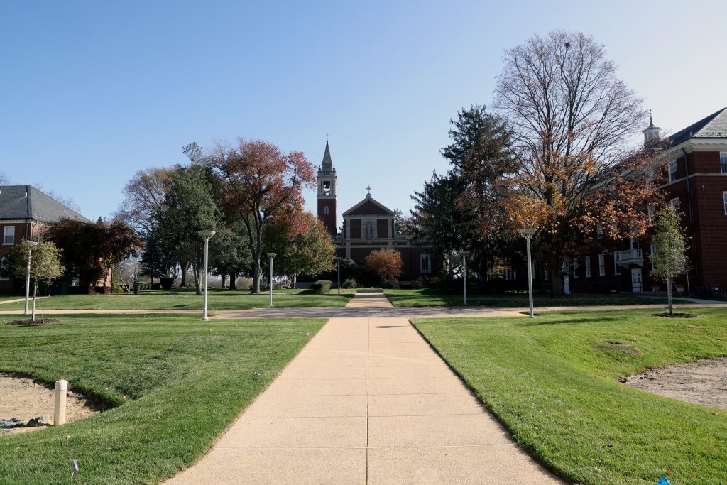 A view from the Campus Center & Residence Hall of the Chapel Quad