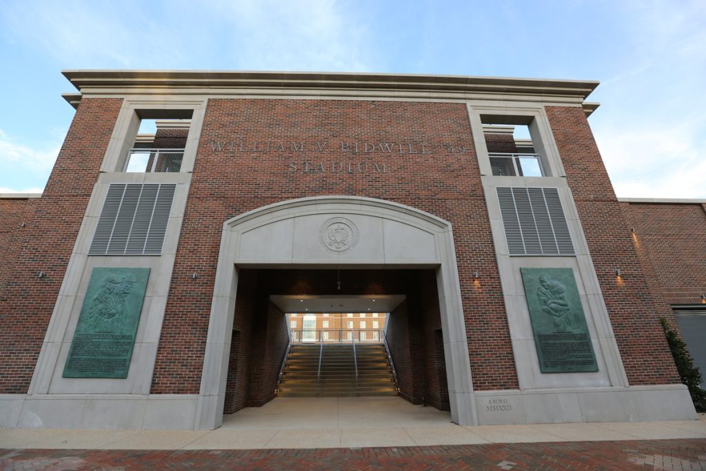 The facade of the William V. Bidwill ’49 Stadium, facing the driveway on the west side of campus