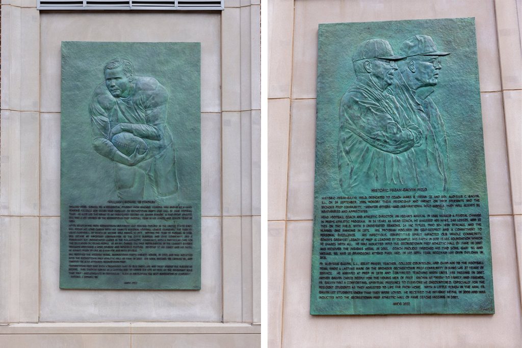 The bronze bas reliefs at the stadium entrance honoring the late William V. Bidwill ’49 and James G. Fegan and the late Rev. Aloysius C. Galvin, S.J.