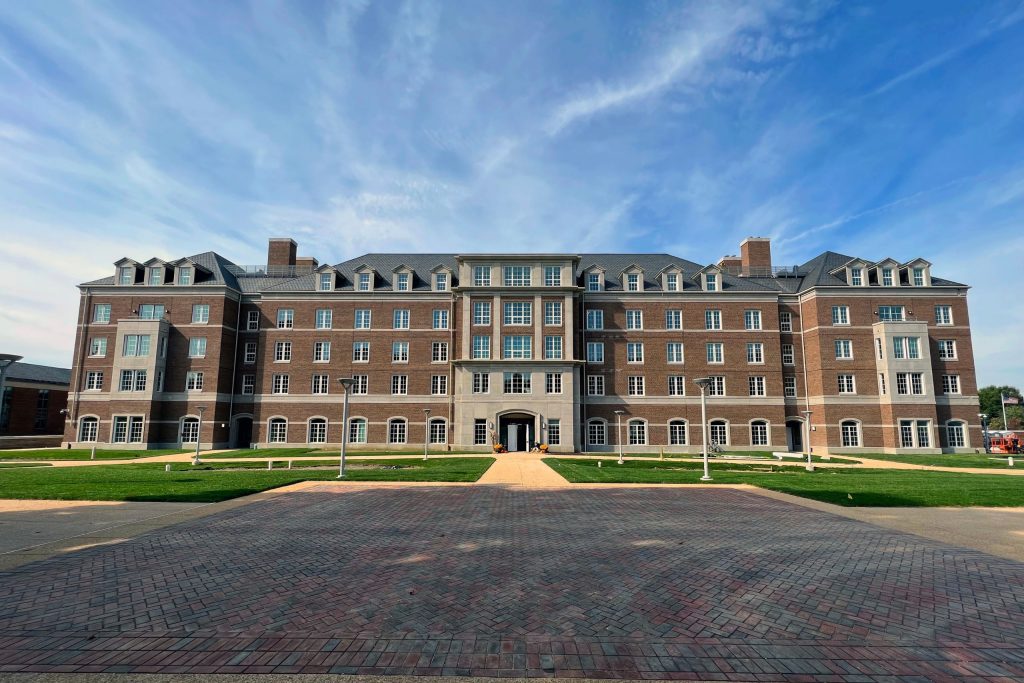 Main entrance from the Chapel Quad of the new Campus Center and Residence Hall